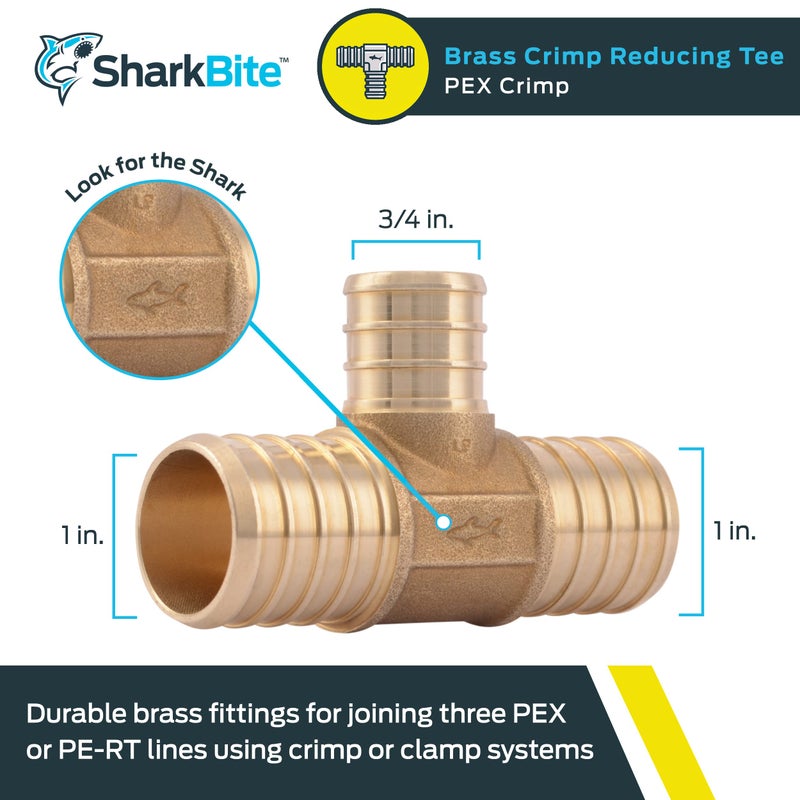 SharkBite 1 Inch x 1 Inch x 3/4 Inch Crimp Reducing Tee, Brass Plumbing Fitting, PEX Pipe, PE-RT, UC416LFA - Image 2
